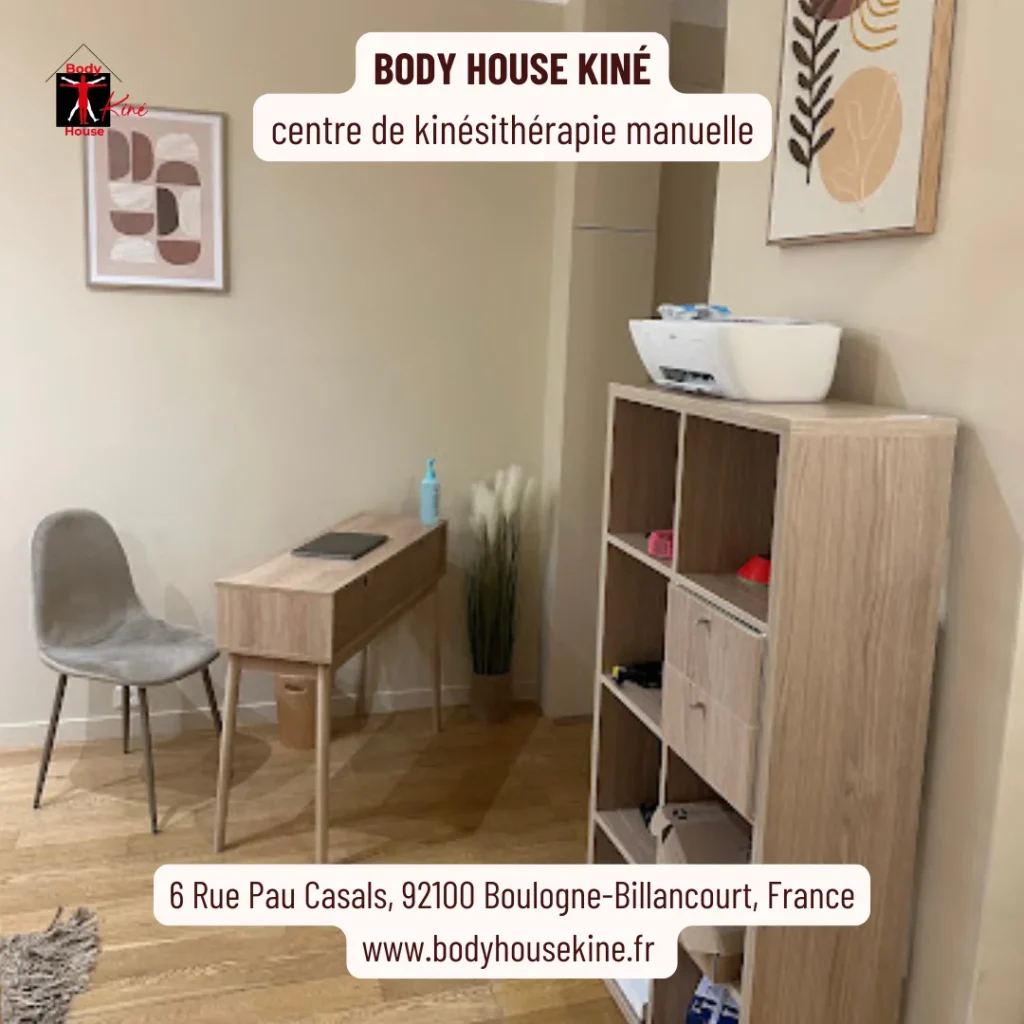 Accueil minimaliste du cabinet Body House Kiné rue Pau Casals à Boulogne-Billancourt, espace d'orientation et de prise de rendez-vous