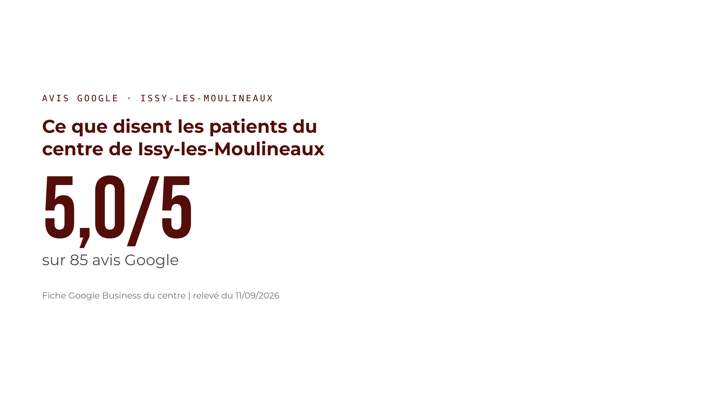 Note Google du centre de Issy-les-Moulineaux : 5,0/5 sur 85 avis Google