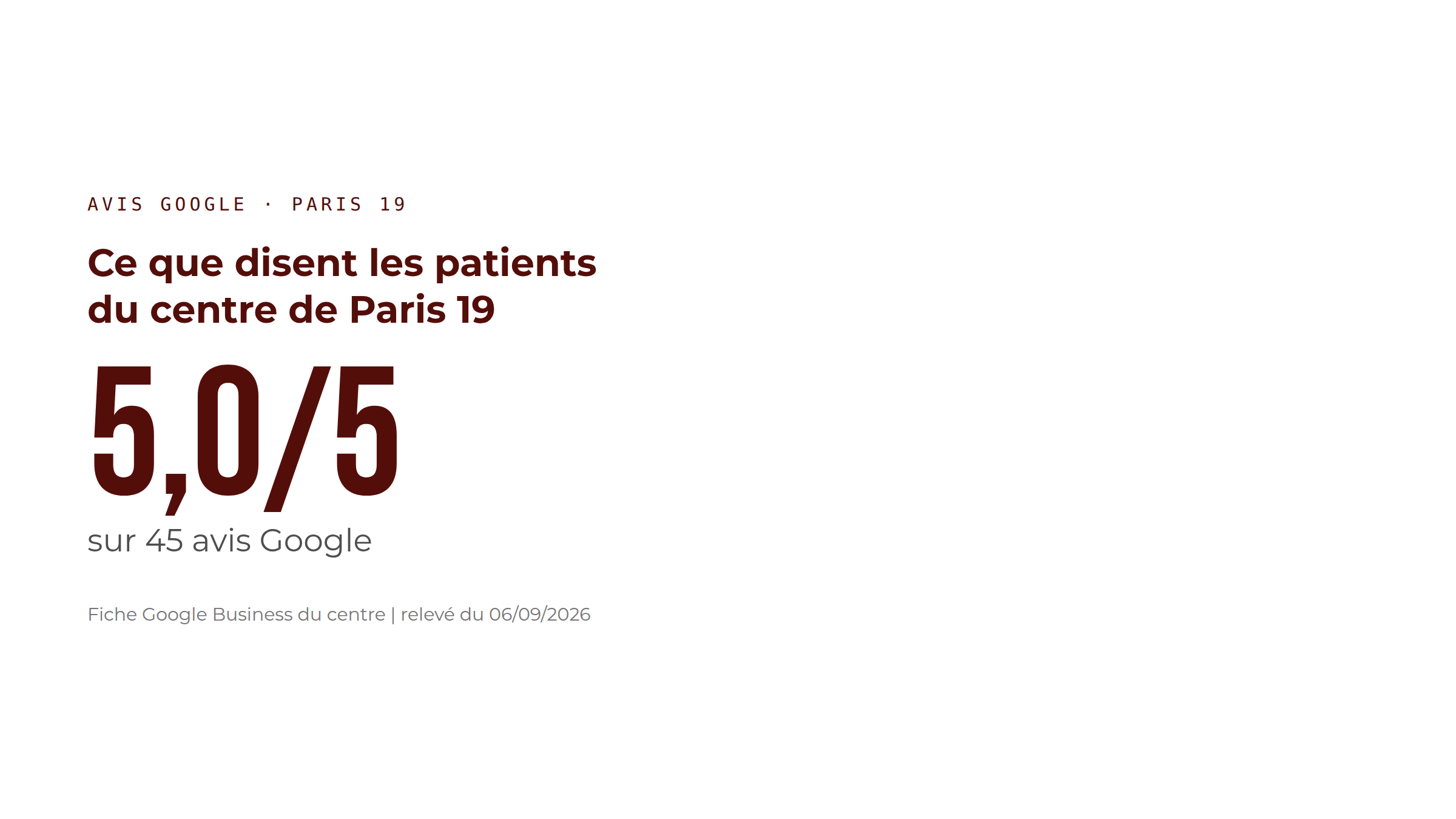 Note Google du centre de Paris 19 : 5,0/5 sur 45 avis Google